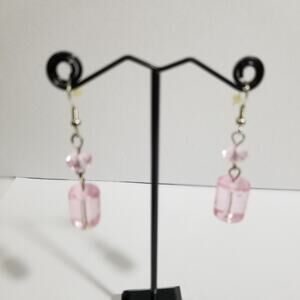 pink two inch dangle earrings barrel bead and pink crystals